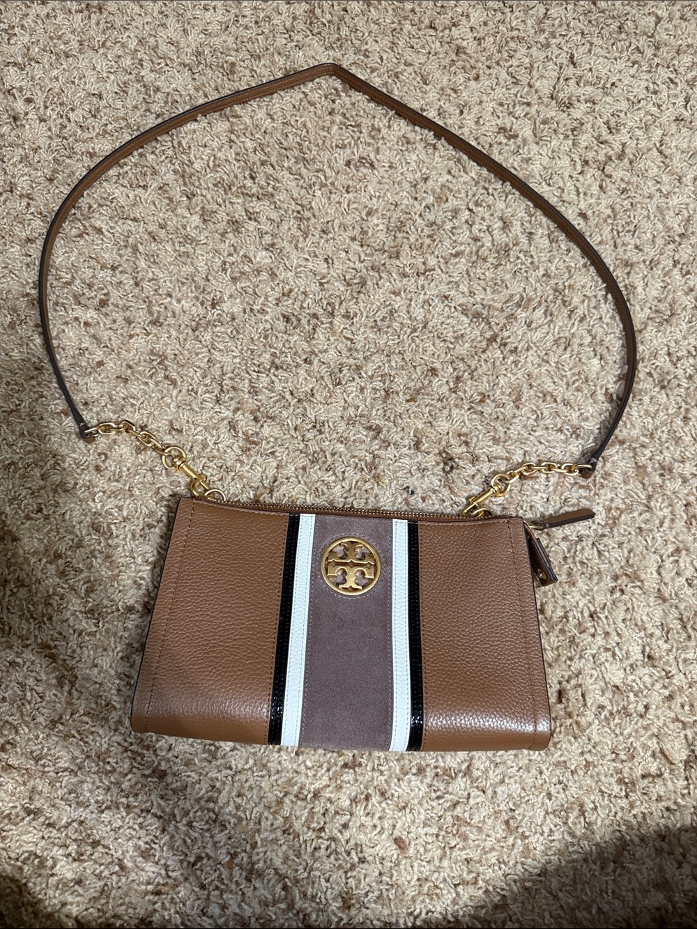 Tory Burch Tan and Brown Leather Crossbody with Stripe Accent - Picture 2 of 5